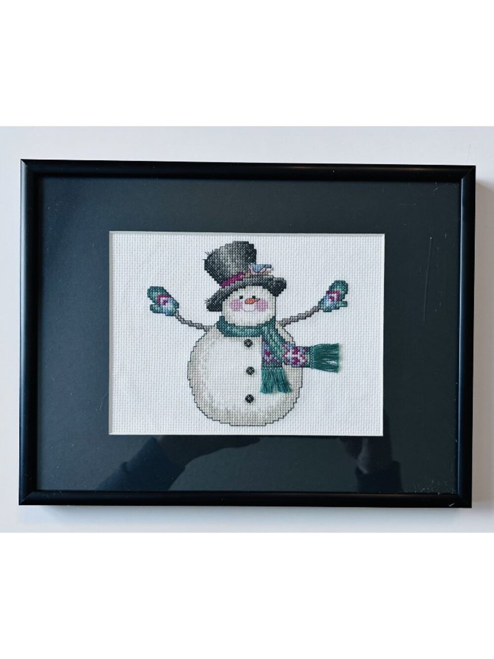 Snowman Cross Stitch Wall Hanging Finished and Framed Handmade Christmas Decor